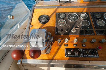 Close-up of cabin boat and controls, Ibiza, Balearic Islands, Spain, Mediterranean, EuropeCabin boat, Ibiza, Balearic Islands, Spain, Mediterranean, Europe