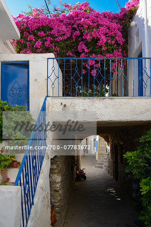 View of passage over alley stairs with bougainvillea flowers in mountain village, Greece