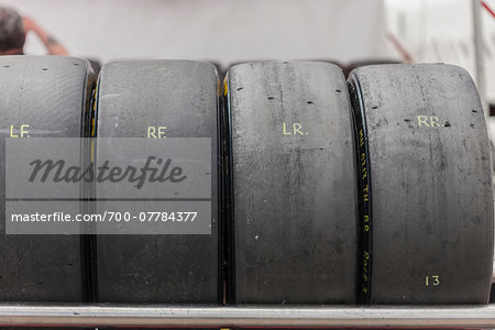 Row of Race Tires ready for Race, Thruxton, Hampshire, England, UK