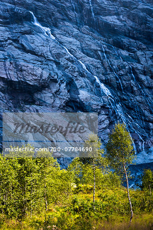Waterfall at Boyabreen Glacier near Mundal in Fjaerland, Sogn og Fjordane, Norway