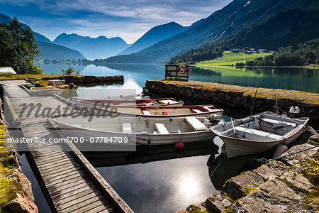 Boats at Dock, Lovatnet, Sogn og Fjordane, Norway Boats at Dock, Lovatnet, Sogn og Fjordane, Norway