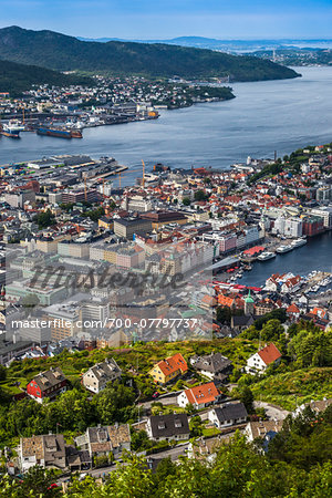 Aerial view of harbour and skyline, Bergen, Hordaland, Norway