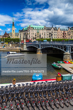 Bicycles and paddle boats for rent next to the Djurgarden Bridge on the island of Djurgarden, Stockholm, Sweden