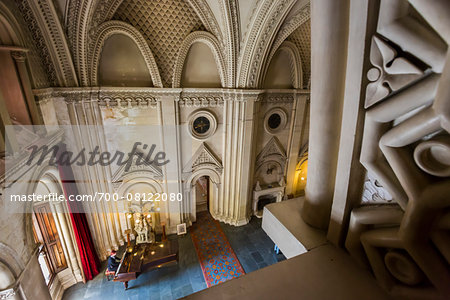 Piano in the Grand Hall, Penrhyn Castle, Llandegai, Bangor, Gwynedd, Wales, United Kingdom