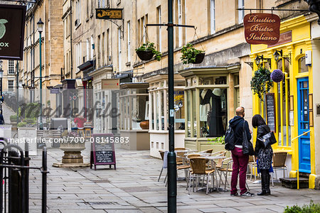 Street scene with stores and restaurants, Bath, Somerset, England, United Kingdom Street scene with stores and restaurants, Bath, Somerset, England, United Kingdom