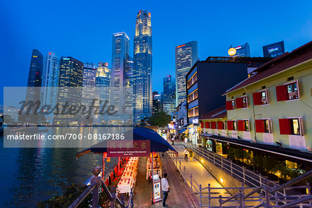 Restaurants and Bars along Boat Quay beneath Skyline at Dusk, Central Region, Singapore