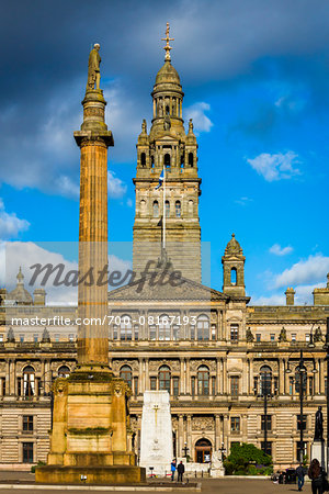 Sir Walter Scott Column and Glasgow City Chambers, George Square, Glasgow, Scotland, United Kingdom