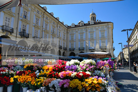 Stand with colorful, plastic flowers, Piazza Republica Market, Turin, Piedmont, Italy