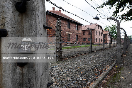 Barbed wire fence and buildings, Auschwitz, Poland