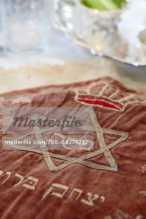 Close-up of Matzah Cover in Passover Seder Table Setting