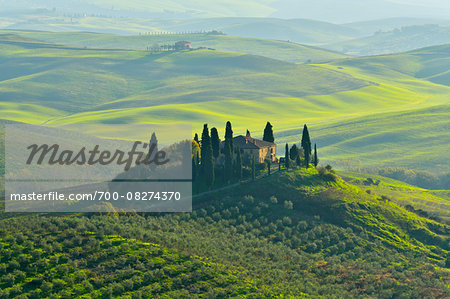 Tuscany Countryside with Farmhouse, San Quirico d'Orcia, Val d'Orcia, Province of Siena, Tuscany, Italy
