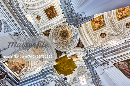 The magnificent white ceiling of the Church of San Martino in the historic town of Erice in Province of Trapani in Sicily, Italy