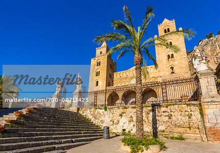 Looking up at Cefalu Cathedral in Cefalu, Sicily, Italy