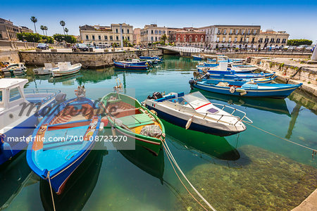 Traditional Fishing Boats Moored in Harbour, Ortygia, Syracuse, Sicily, Italy