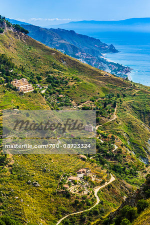 Overview of Road through Coastal Landscape, Taormina, Sicily, Italy