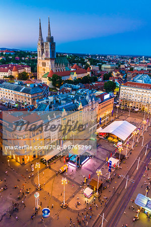 Overview of Ban Jelacic Square at Dusk, Zagreb, Croatia