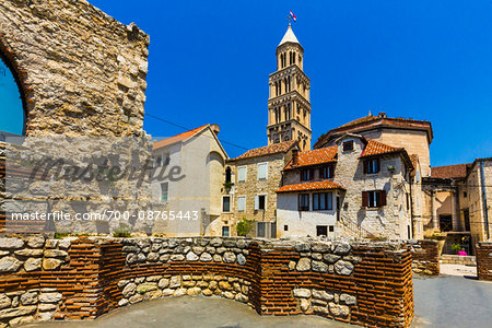 The Bell Tower and the Cathderal of St Domnius with the remains of the stone walls of the Diocletian's Palace in the Old Town of Split in Split-Dalmatia County, Croatia