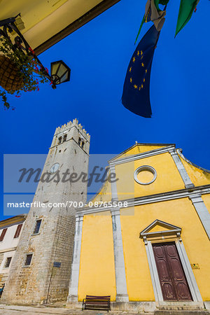 Angled view of the Church of St Stephen in the medieval town of Motovun in Istria, Croatia