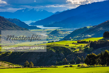 Scenic overview of the fertile Wakatipu Basin near Queenstown in the Otago Region of New Zealand