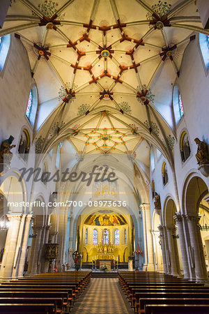 Interior of the Basilica of St Castor showing the aisle to the main nave and the vaulted ceiling in Koblenz, Germany