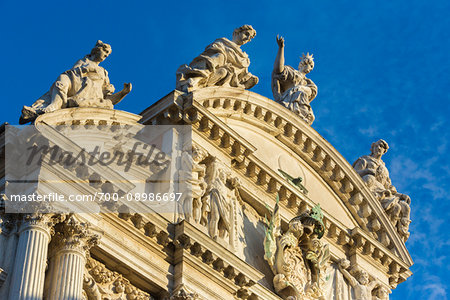 Close-up of the rooftop of St Mary of the Lily Church (Chiesa di Santa Maria del Giglio) in Venice, Italy