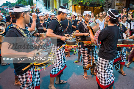 Balinese gamelan marching band at the Ngrupuk Parade on the eve of Nyepi Day in Ubud in Gianyar, Bali, Indonesia