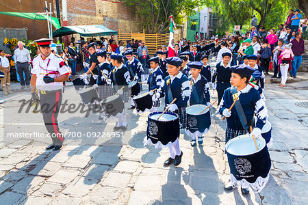 Leader and young drummers in the Mexican Independence Day parade, San Miguel de Allende, Mexico