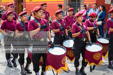 Drummers in uniforms in a marching band in the Our Lady of Loreto Procession in San Miguel de Allende, Guanajuato, Mexico
