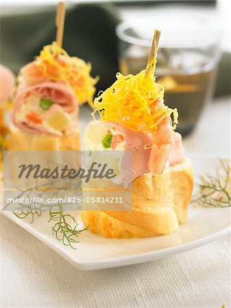 York ham,shrimp and Russian salad on  a bite-size slice of bread