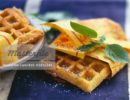 Corn flour waffles with chopped scallions and ginger