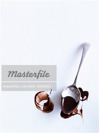 Spoon dipped in melted chocolate and marks of chocolate