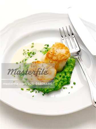 Pan-fried scallops with mashed peas