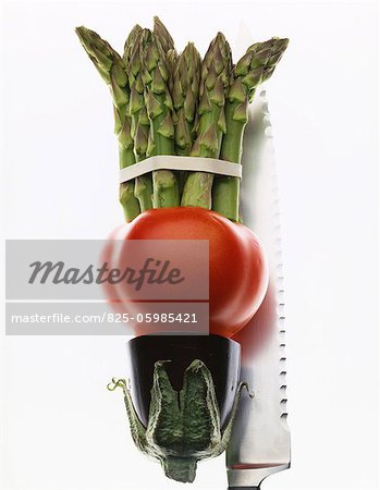 assorted vegetables - asparagus, tomato, aubergine and knife blade