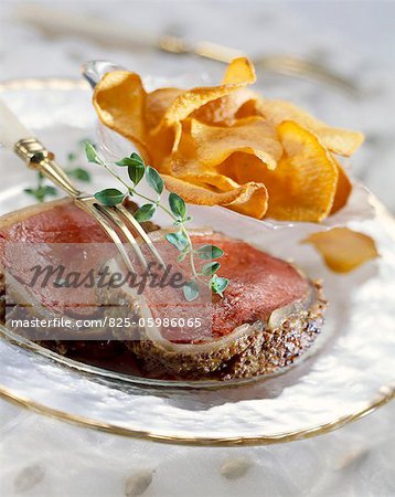 Fillet of venison with mustard and sweet potato crisps