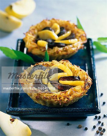 Potato,apple and blood sausage tartlets