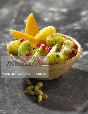 Exotic fruit salad with green cardamom syrup