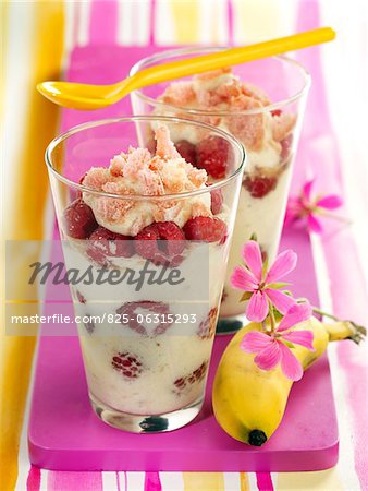 Mascarpone and banana mousse with raspberries and  Biscuits de Reims