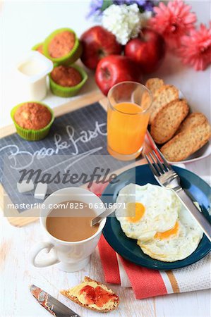 Breakfast with fried eggs,Krisprolls and muffins