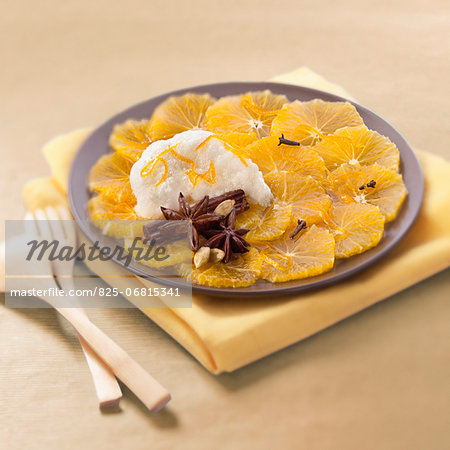 Spicy orange carpaccio with orange blosssom espuma