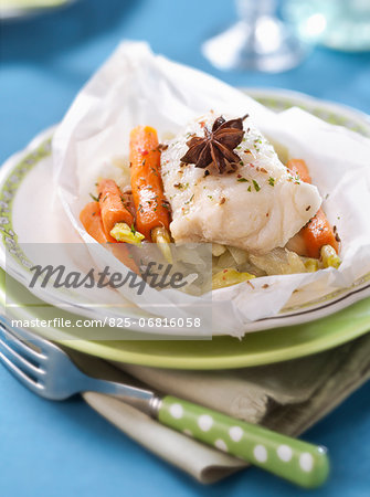 Bass with fennel,carrots and star anise cooked in wax paper