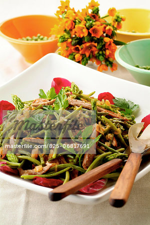 Thinly sliced duck breasts with green asparagus and beans