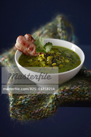 Split pea soup with black sesame seeds and bacon