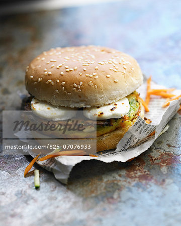 Vegetable fritter and goat's cheese burger