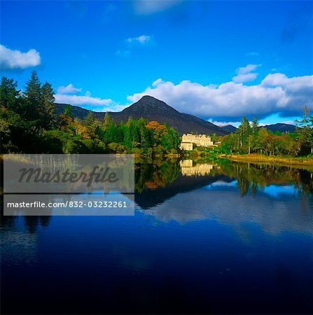 River in front of a castle, Ballynahinch Castle, Twelve Pins, County Galway, Republic Of Ireland