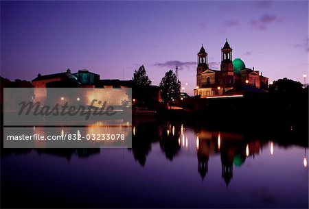 River Shannon, Athlone, County Westmeath, Ireland; Riverside town at night