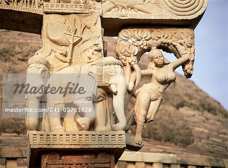 Elephants and nymph bracket, outside face, East Gateway, Great Stupa, Sanchi, UNESCO World Heritage Site, Madhya Pradesh state, India, Asia