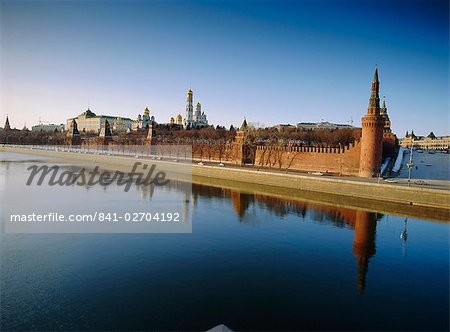 View of Kremlin churches and towers from Moscow River Bridge, Moscow, Russia, Europe