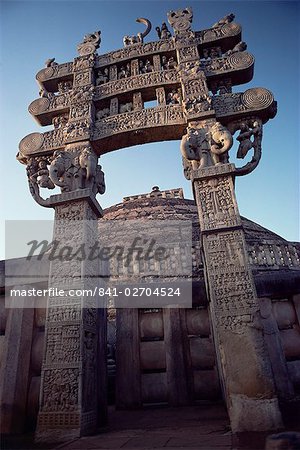 One of the four carved stone toranas (gateways), Stupa One, Buddhist shrine dating from 3rd century BC, Sanchi, UNESCO World Heritage Site, Madhya Pradesh state, India, Asia