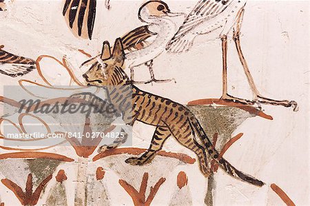 Cat climbing papyrus stem in duck hunting scene, Tomb of Menna, 18th dynasty, Sheikh Abd el-Kurna, Valley of the Nobles, Thebes, UNESCO World Heritage Site, Egypt, North Africa, Africa