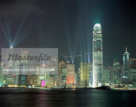 Hong Kong city skyline looking across Victoria harbour to Hong Kong Island at night, Hong Kong, China, Asia